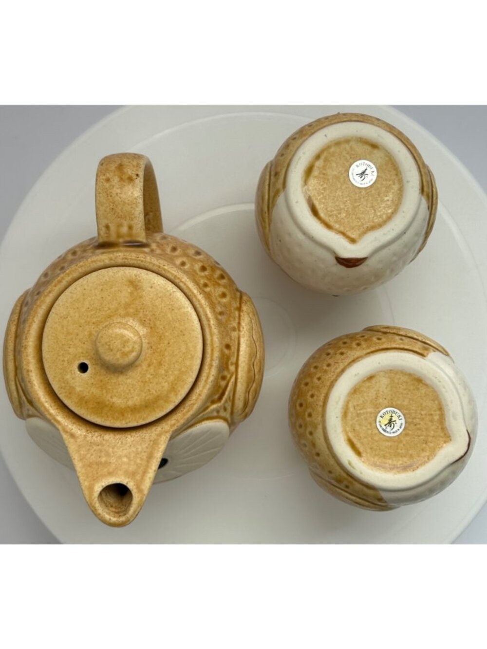 Vintage Mino Kotobuki Owl Ceramic Teapot w/ Diffuser 2 Matching Cups Tan & White - Picture 5 of 10